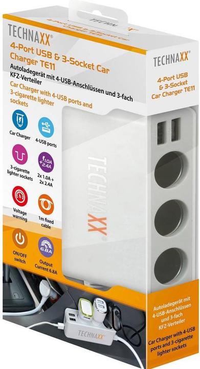 Produktbild Technaxx Autoladegerät 4USBAnschlüssen und 3fachVerteiler