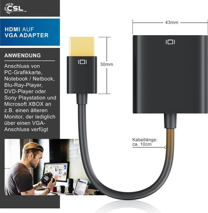Immagine prodotto CSL Adattatore audio e video da HDMI a VGA, jack da 3,5 mm, 10 cm, cavo convertitore 1080p, da digitale (VGA, 20 cm)