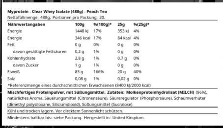 Nährwerte und Zutaten MyProtein Clear Whey Isolate (Peach Tea, 1 Stk., 488 g)