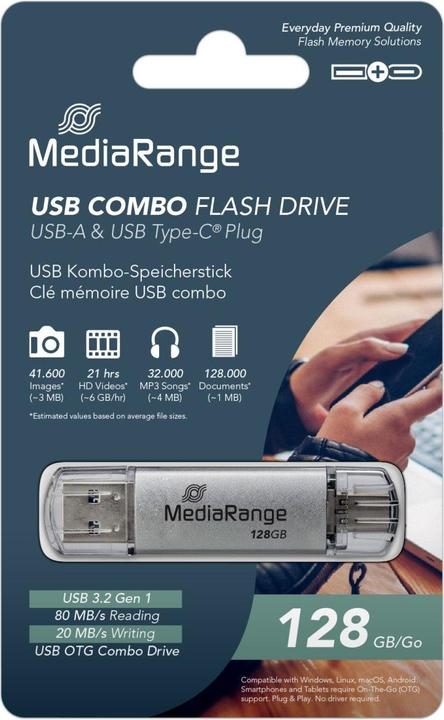 Actual product image MediaRange USB stick (128 GB, USB-A, USB 3.1, USB-C)