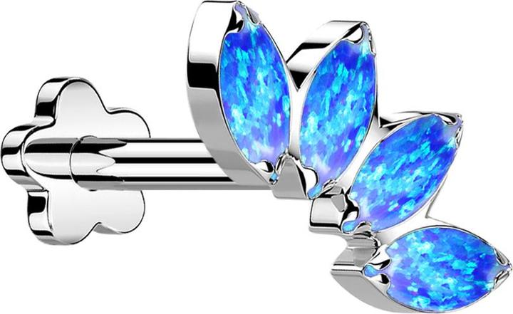 Star Piercing Micro Threadless Labret Blume silber Fächer mit vier Opale blau (ohne Messing, Titan G23)