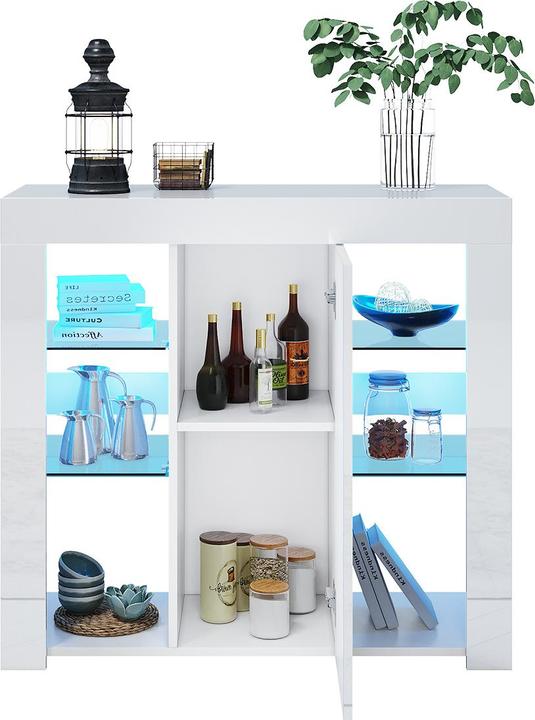 Produktbild SONNI Sideboard, Küchenschrank mit LED-Beleuchtung (in 12 Farben einstellbar), Weiss, Hochglanz, Aufb