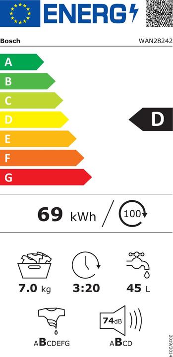 Etichetta energetica Bosch Hausgeräte Serie 4 WAN28242 Lavatrice Freestanding Front Loader D (7 kg, A sinistra)