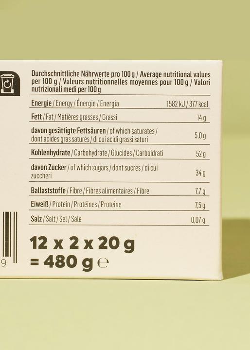 Nutritional values and ingredients KoRo Organic oat biscuit with plum filling and dark chocolate coating (480 g)