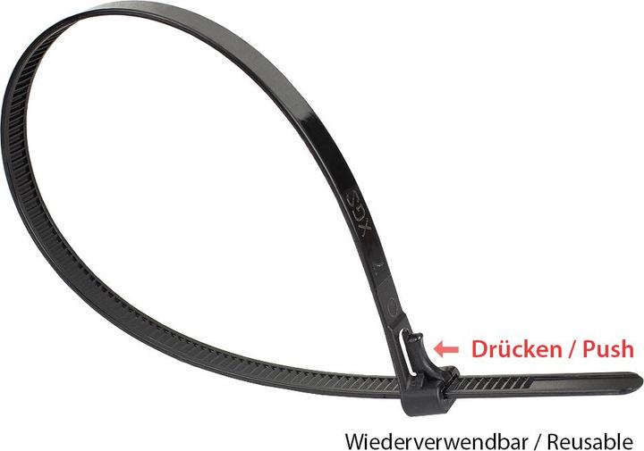 Image du produit Good Connections Collier de serrage réutilisable 150 mm x 7,2 mm, noir, résistant aux UV, -40 °C à +85 °C, 100 pièces (Serre-câbles en plastique, 150 mm, 100 pcs)