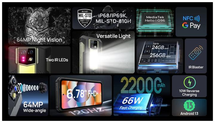 Produktbild Ulefone Armor 24 (256 GB, Juoda, 6.78", Hybrid Dual SIM, 64 Mpx, 4G)