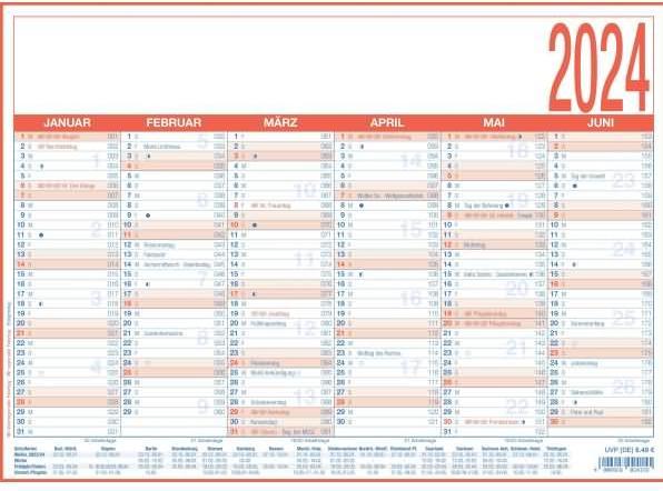 Image du produit Calendrier de travail 2024 - A4 (29 x 21 cm) - 6 mois sur 1 page - calendrier semainier - sur carton (Allemand)