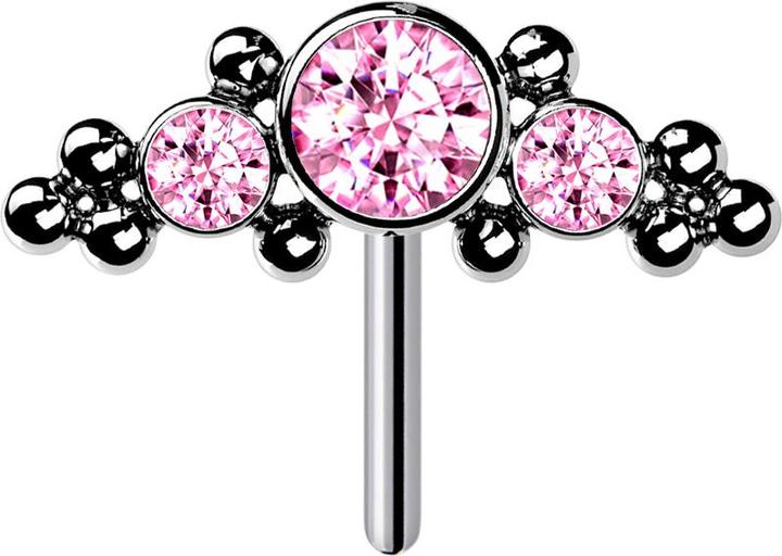 Image du produit Star Piercing Threadless argent avant centré avec des boules et trois cristaux roses (Titane G23, sans laiton)