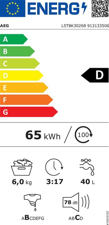Energie-Label AEG L5 TBK 30268 Toplader D 6kg 1200U AquaStop AquaStop-Schlauch (6 kg)