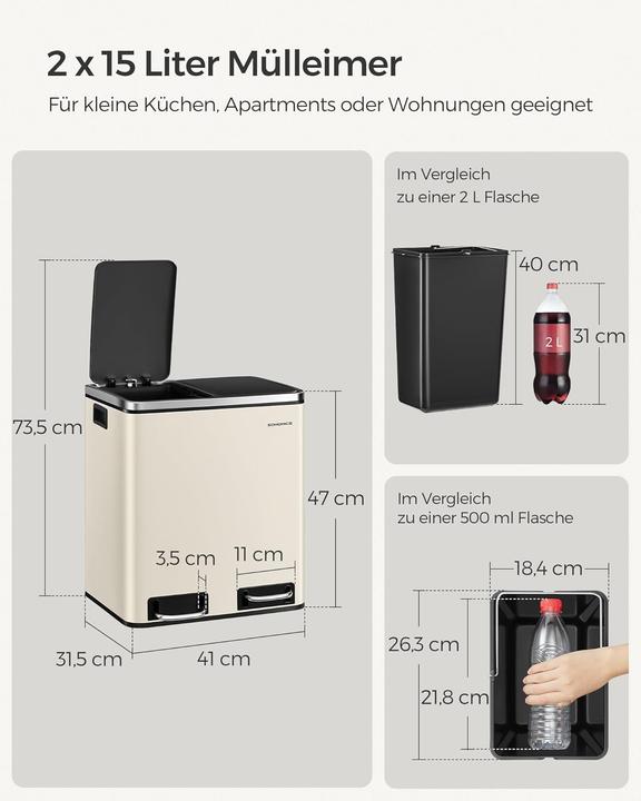 Immagine prodotto Songmics LTB30A02 Mülleimer, 2x15 Liter, Softclose-Deckel (30 l)