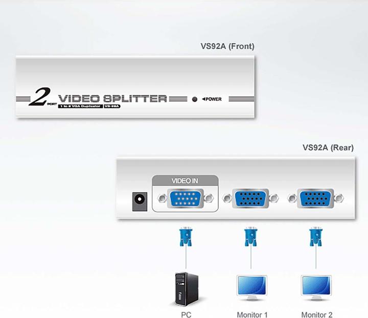 Image du produit Aten VS92A, répartiteur VGA à 2 ports avec amplificateur de signal jusqu'à 30m