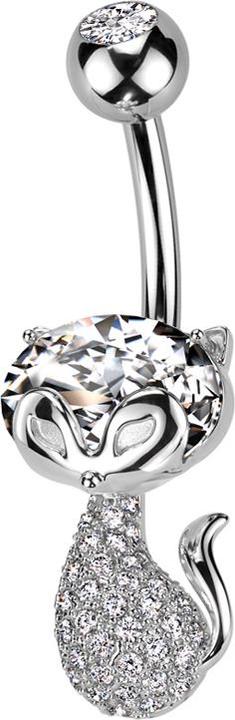 Image du produit Star Piercing Banane argentée avec boule argentée cristal argenté et chat avec cristaux argentés (Laiton, Acier chirurgical 316L)