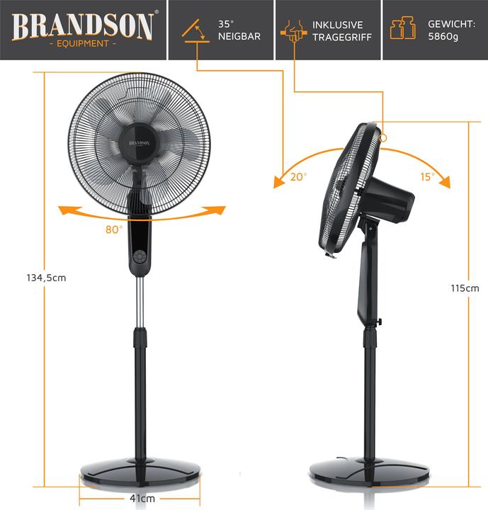 Produktbild Brandson Standventilator 45,5cm Ø, DC, leise, Fernbedienung, energiesparend, Oszillation, 25 Stufen, schwarz (60 dB)