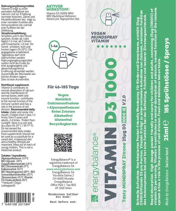 Nährwerte und Zutaten Energybalance Vitamin D3 1000 (1 Stück, Spray, 0.03 g)