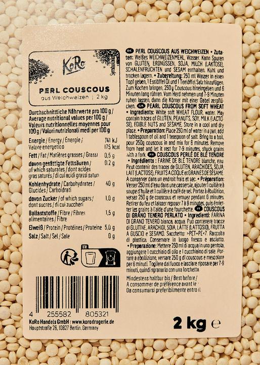 Valori nutrizionali e ingredienti KoRo Couscous perlato di grano tenero (2000 g)