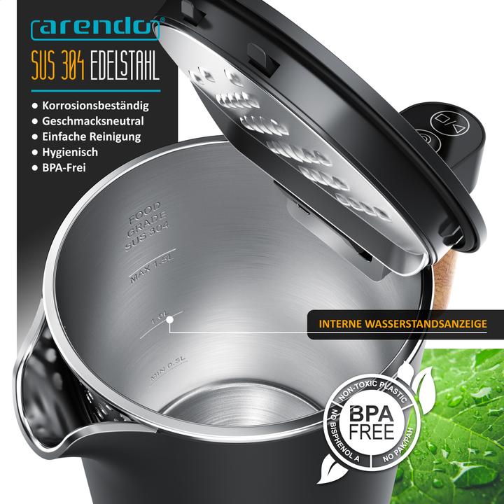 Actual product image Arendo Stainless steel kettle 1.5 L, 2200 W, temperature setting 45°C - 100°C, keep warm function, black (1.50 l)