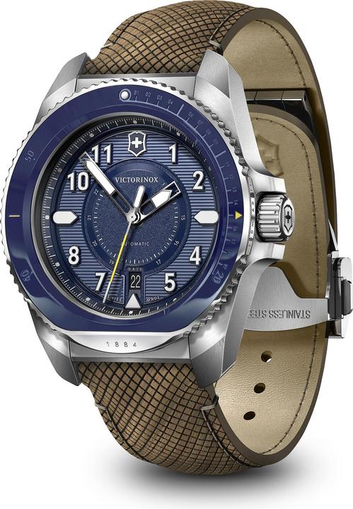 Produktbild Victorinox Journey 1884 Automatic, Taucheruhr, Herrenuhr, 43 cm, Ziffernblatt blau, Holz Armband braun (Taucheruhr, 43 mm)