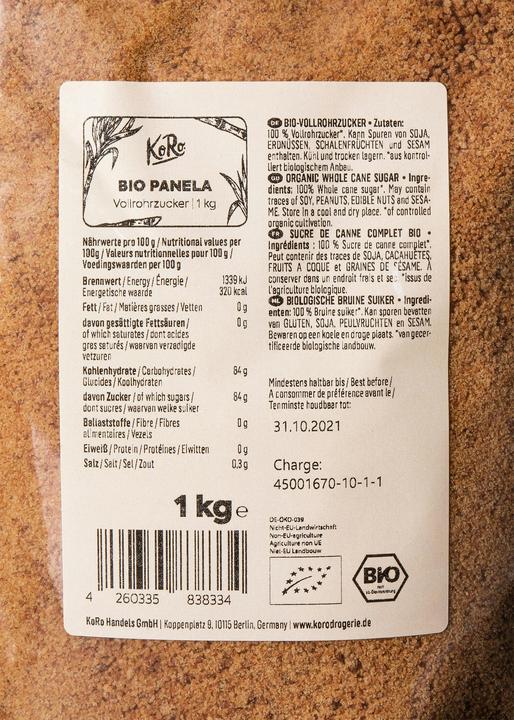 Nährwerte und Zutaten KoRo Bio Vollrohrzucker (1000 g)