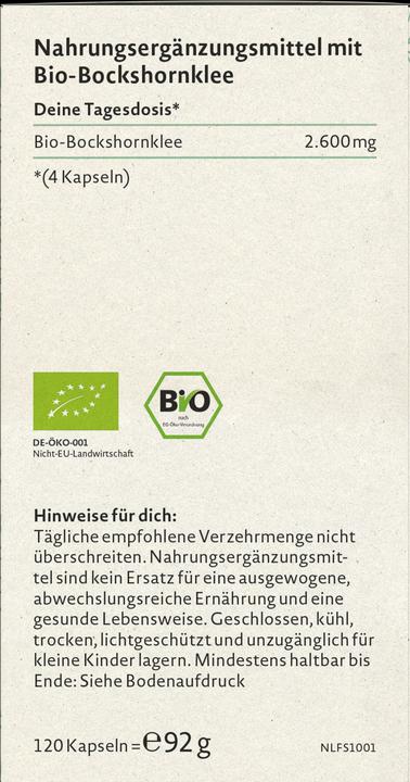 Valori nutrizionali e ingredienti Nature Love Fieno greco biologico (120 Pezzo/i, Pillole, 92 g)