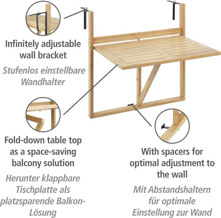 Produktbild Wenko Bambus Balkon-Klapptisch Mod. Waikiki zum Einhängen an Balkongeländer (64 cm)