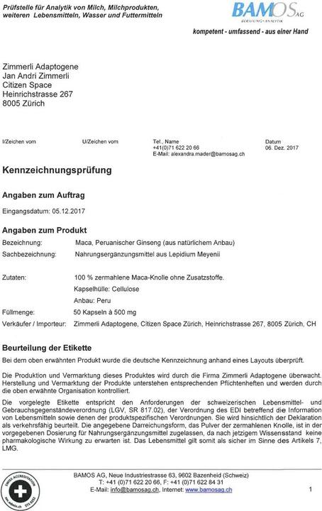 Nährwerte und Zutaten Zimmerli Adaptogene Maca Pulver (BIO) (1 Stück, Pulver, 100 g)