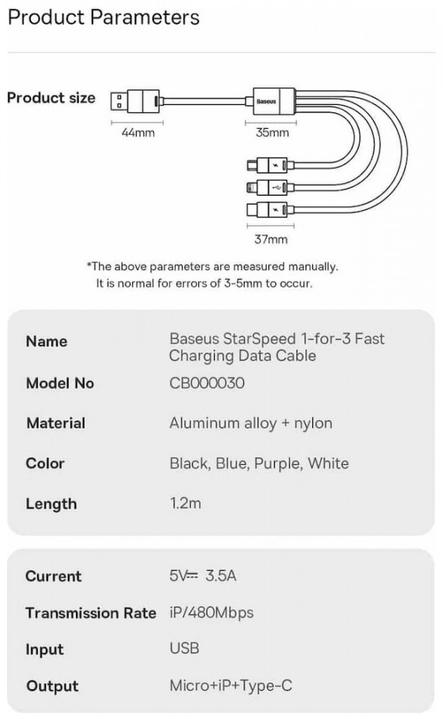Image du produit Baseus 3in1 USB cable StarSpeed Series, USB-C + Micro + Lightning 3,5A, 1.2m (Blue) (1.20 m, USB 3.0)
