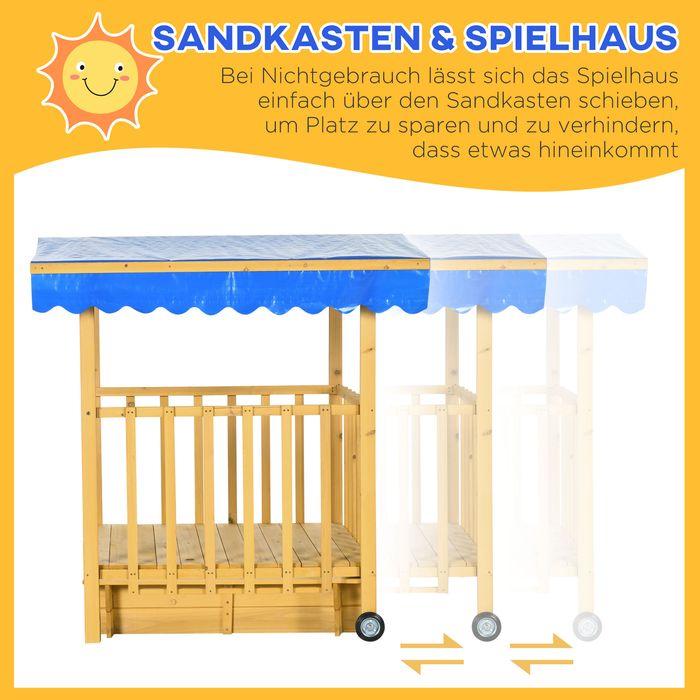 Actual product image Swisshandel24 Sandpit with roof, wooden sandpit with playhouse, 133 x 129 x 137.5 cm Sandbox with wheels for 3