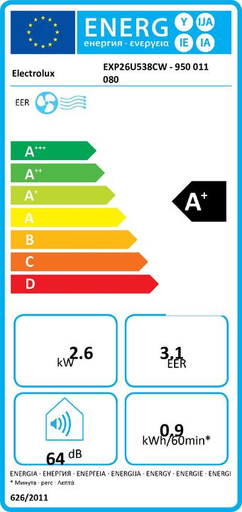 Energie-Label Electrolux EXP26U538CW Portable (18 m², 10731 BTU/h)