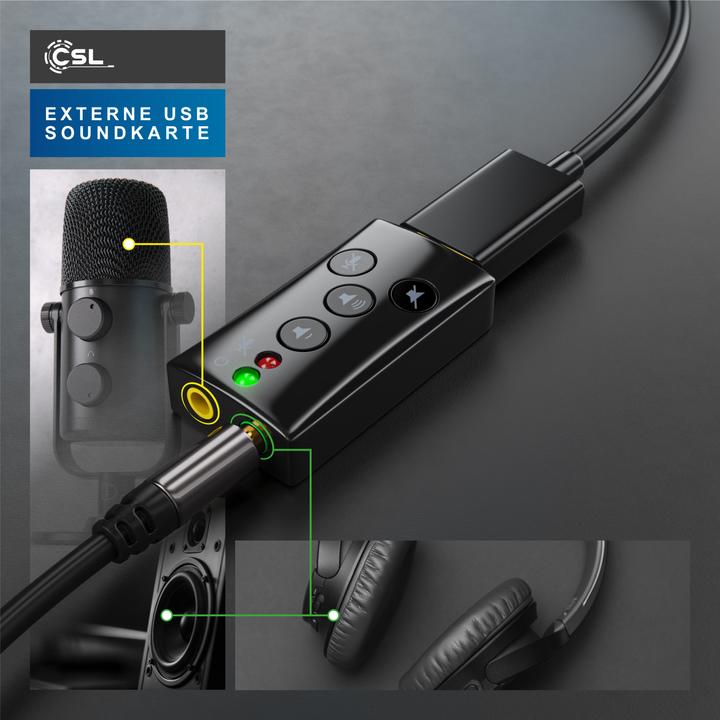 Actual product image CSL USB sound card Virtual 7.1 Surround Sound, external, function buttons, Dynamic 3D, black (USB 2.0)