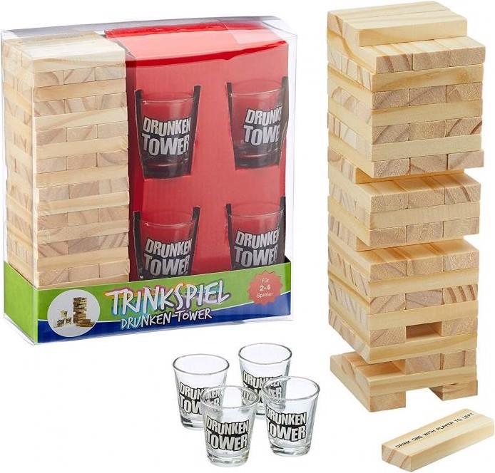 Actual product image Drink-Trends Drinking game DRUNKEN TOWER Jenga with 60 wooden blocks and 4 glasses