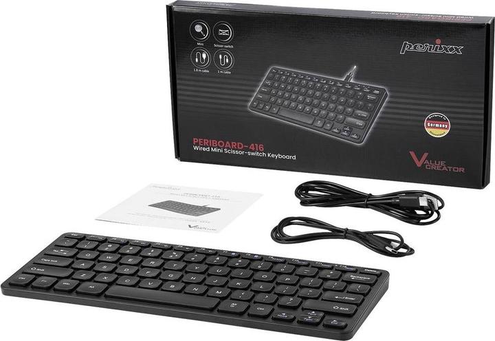 Image du produit Perixx PERIBOARD-416 DE, filaire, mini clavier USB avec 4 hubs, noir (DE, Filaire)