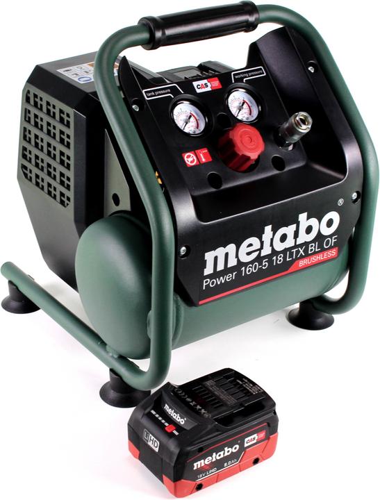 Productafbeelding Metabo Power 160-5 18 LTX BL OF Accu-compressor 18 V 8,0 bar Brushless + 1x LiHD accupack 8,0 Ah -... (8 bar, 5 l)