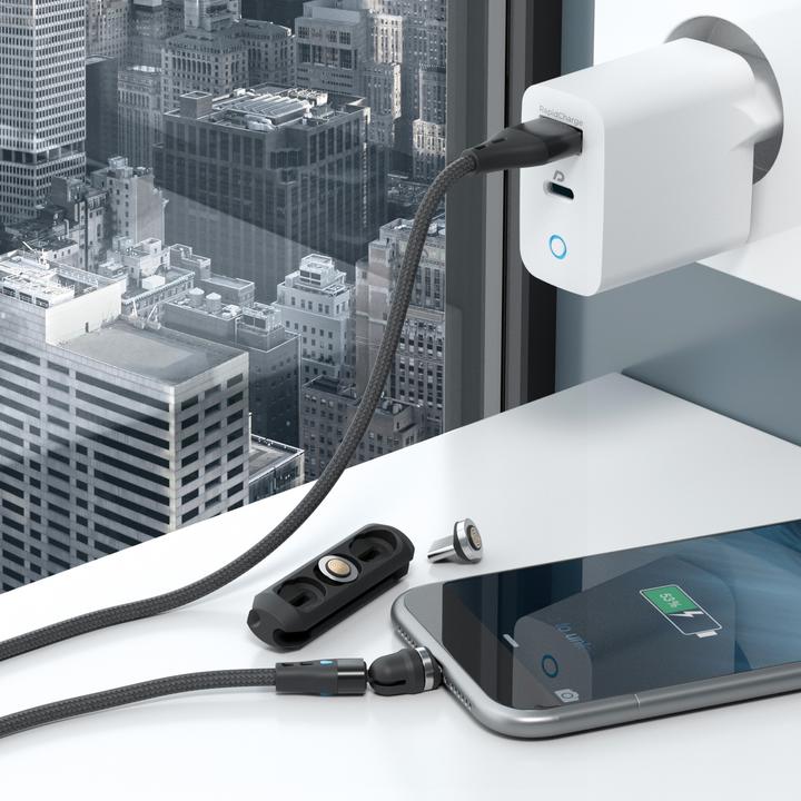 Produktbild RealPower Magnetic cable 3 Amp,2m,schwarz mit Adaptern (2 m, USB 3.0)