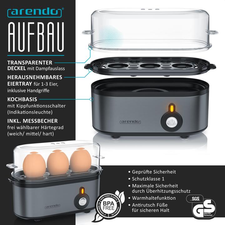 Actual product image Arendo Breakfast set, 2-slice long slot toaster with bread roll top & egg boiler for 3 eggs, grey
