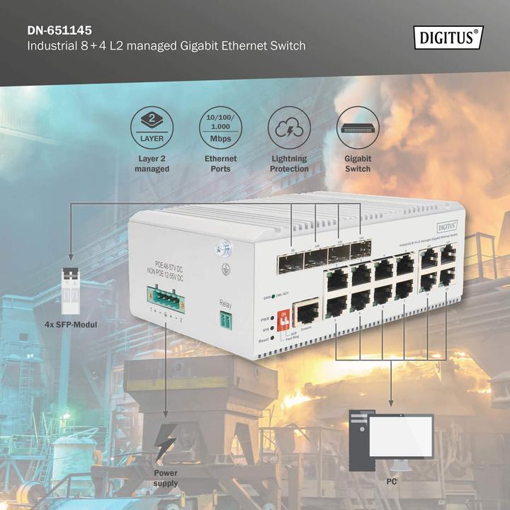 Actual product image Digitus Industrial 8+4 L2 managed Gigabit Ethernet Switch (12 Ports)