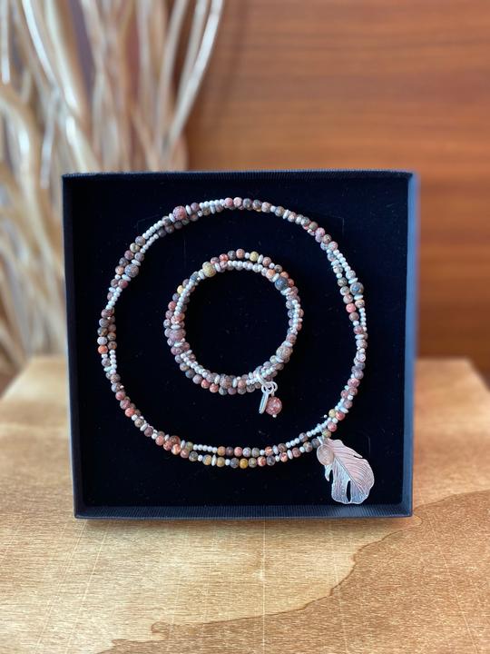 Immagine prodotto Andreani Set di gioielli "Feather" in vero diaspro leopardato (Rosso)