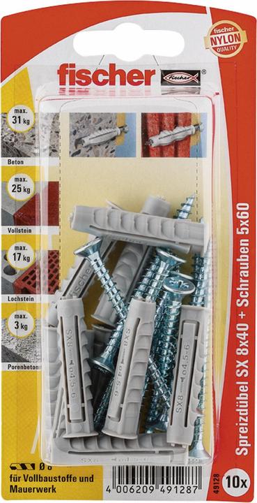 Actual product image Fischer Expansion plug SX 8 x 40 SK SB card, 10 x chipboard screw 5 x 60, 049128 (10 pcs.)