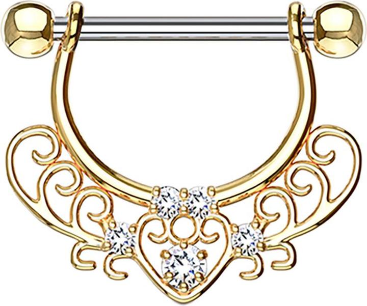 Image du produit Star Piercing Barbell 14k vergoldet mit filigranen Herzmuster und Kristall (Acier chirurgical 316L, Laiton)