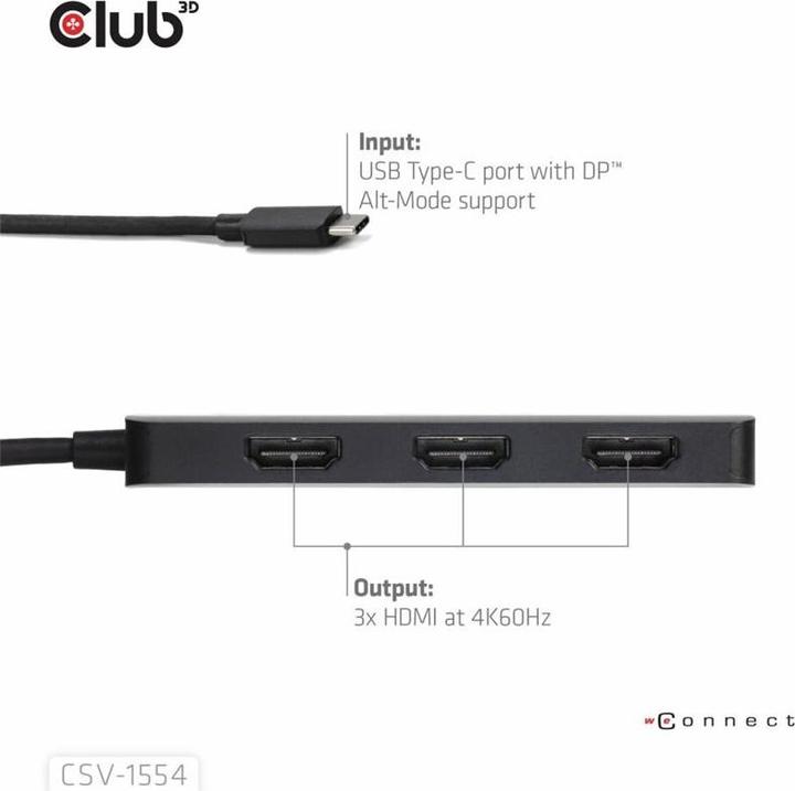 Produktbild Club 3D Club3D MST-Hub USB 3.2 Typ C > 3x HDMI 4K60Hz St/Bu retail (USB-C, 3 Ports)