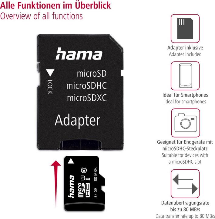 Produktbild Hama microSDHC 32GB +Adapter/Mobile (32 GB, microSDHC, U1, UHS-I)