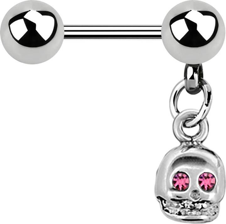 Produktbild Star Piercing Micro Barbell silber mit Kugel und Anhänger Totenkopf Kristall pink (ohne Messing, Chirurgenstahl 316L)