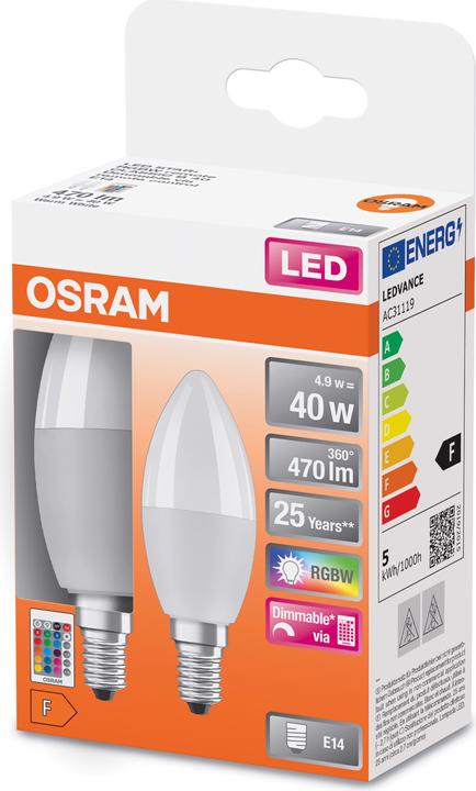 Actual product image Osram LED STAR+ CLB RGBWFR 40 DIM via rem. con 5,5W/827 E14 470LM 2pcs BOX (E14, 4.90 W, 470 lm, 2 x, F)
