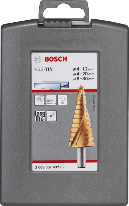 Immagine prodotto Bosch Professional Zubehör Set di punte a gradino HSS-TiN, 3 pezzi, 4-12/4-20/6-30 (4-12 mm, 4-20 mm, 6-30 mm)
