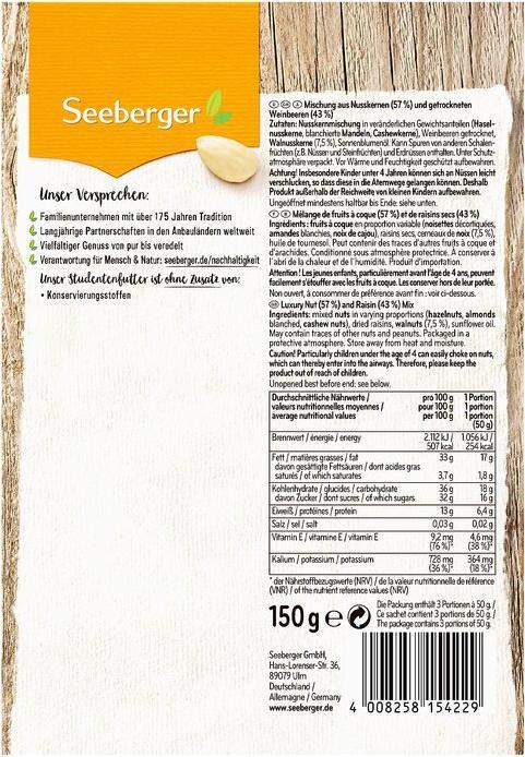 Nährwerte und Zutaten Seeberger Studentenfutter (150 g)