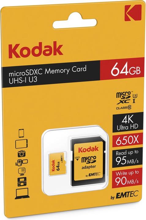Actual product image Kodak SD MICRO 64GB CL10 UHS-I U3 V30 A1 ULTRA CON ADATTATORE (64 GB, microSD, U3, UHS-I)
