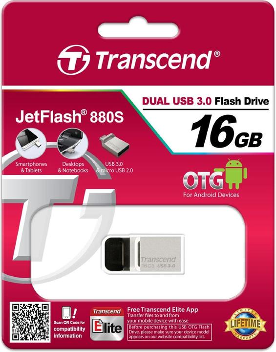 Actual product image Transcend JetFlash 880 (16 GB, USB-A, Micro USB, USB 3.0)