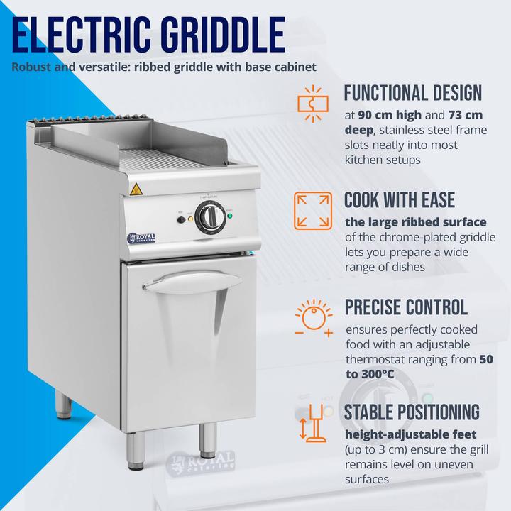 Produktbild Royal Catering Elektro-Grillplatte mit Unterschrank 5,4 kW geriffelt 50 - 300 °C Edelstahl (5.40 kW)