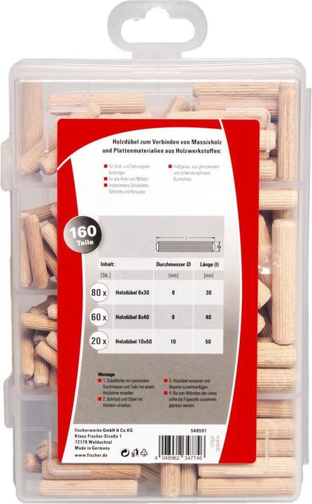 Image du produit Fischer Aides pratiques Glue & Connect, boîte d'assortiment avec 160 chevilles en bois, set pour des (160 pcs)
