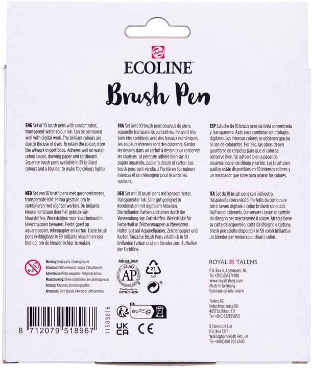 Nährwerte und Zutaten Talens Ecoline Brush Pen Set 11509816 ass. Skin 10 Stück (Pastellrot, Sepia hell, Sepia Dunkel, Sepia, Pastellrosa, Pastellgelb, Beige, Rosa beige, Aprikose, 10 x)