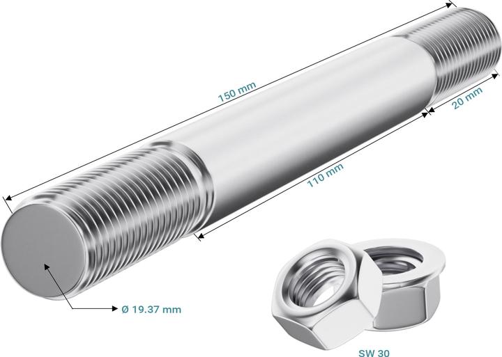 Actual product image Wiltec Standard Full-Floating Axle for Wheelbarrow Size 150x20mm